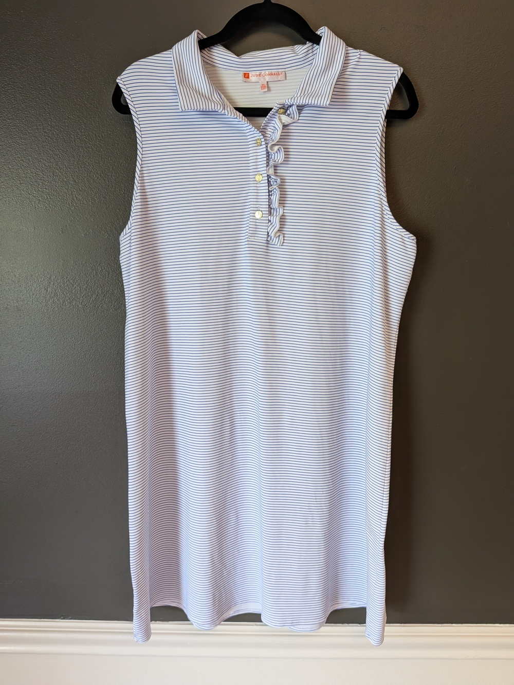 Jude Connally Blue & White Striped Ruffle Dress, Sz. XL
